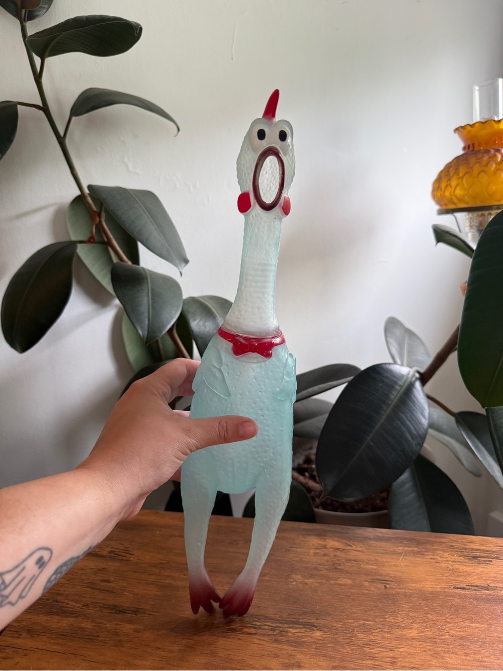 Novelty Silicone Squeaky Chicken Dog Toy - Light Blue with Red Accents